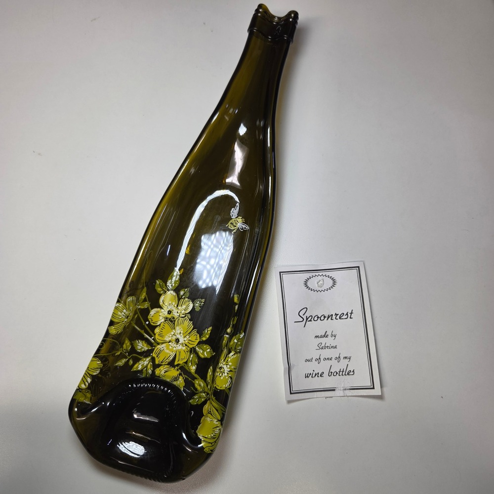 Sabrina Hand Painted Slumped Wine Bottle Spoon Rest‎ Bee Flowers Green
